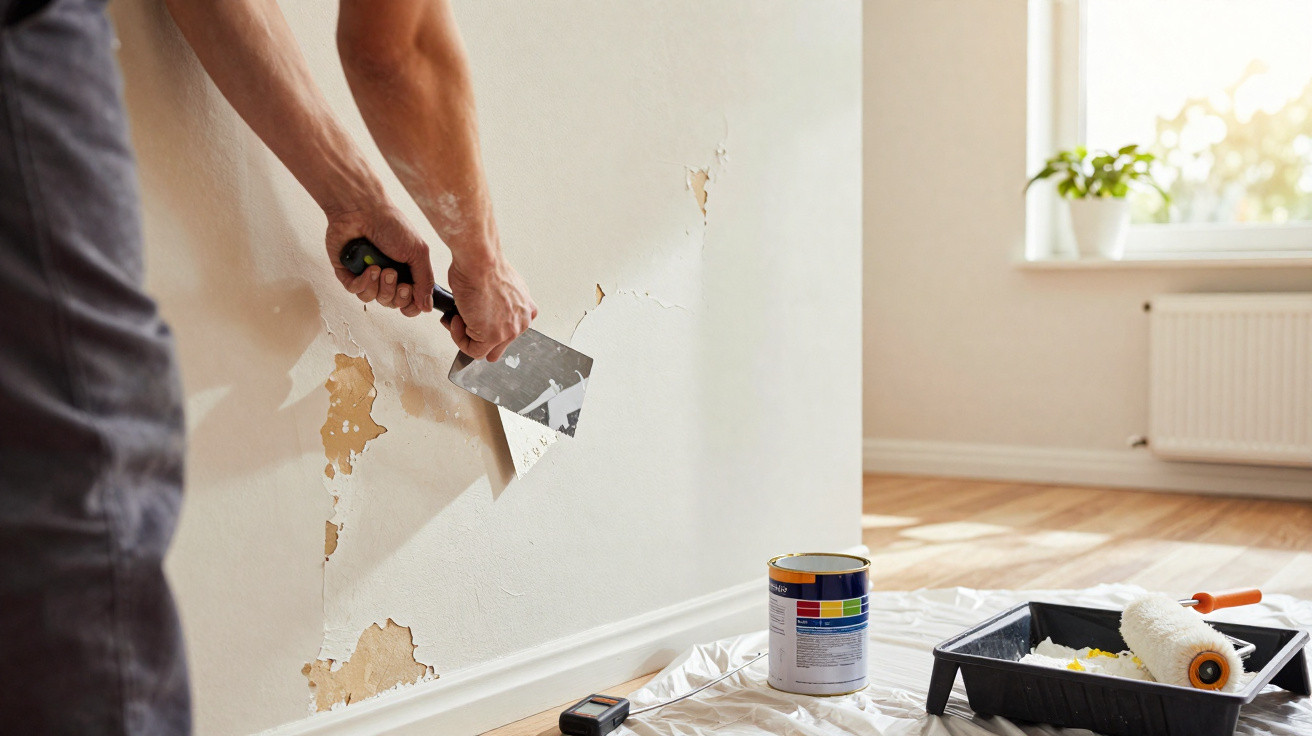 Person scraping peeling paint from an interior wall in a sunlit room with painting supplies on the floor.