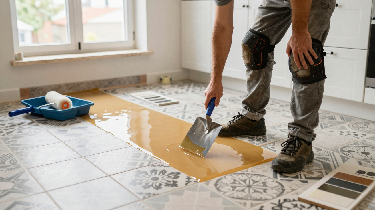 Person applying glossy epoxy resin over patterned floor tiles using a trowel in a bright room.