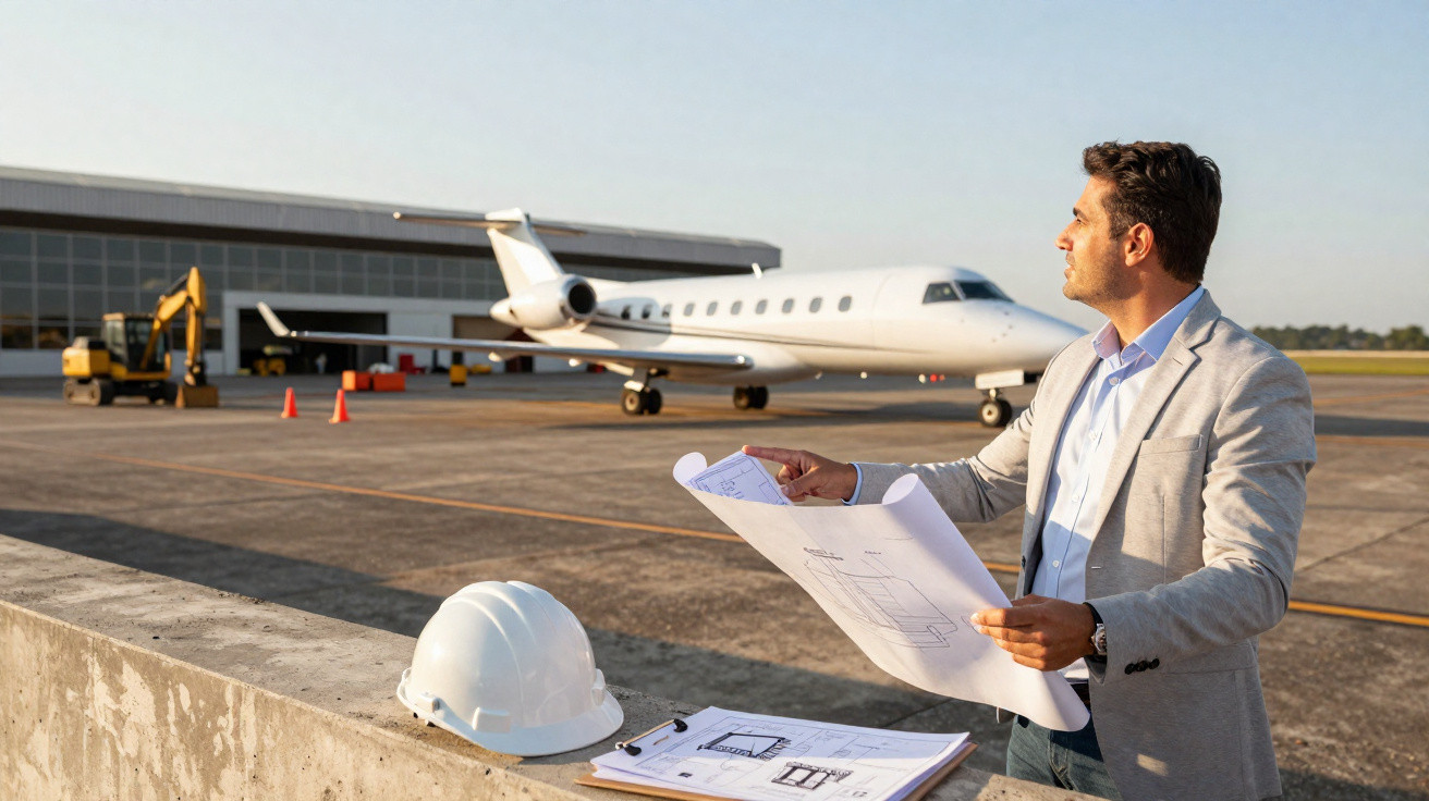 Man in blazer holding blueprints on tarmac near white hard hat with private jet and hangar in background.