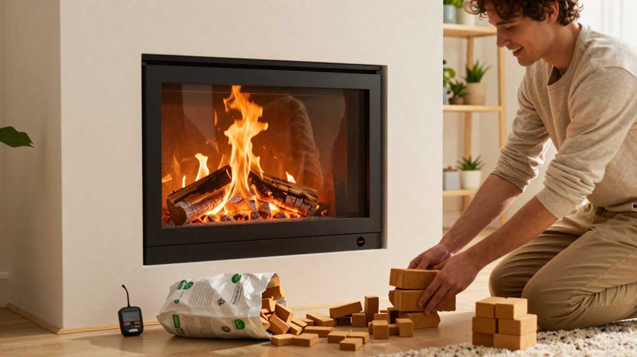 Man stacking fire starter bricks next to a lit modern fireplace in a cosy living room.