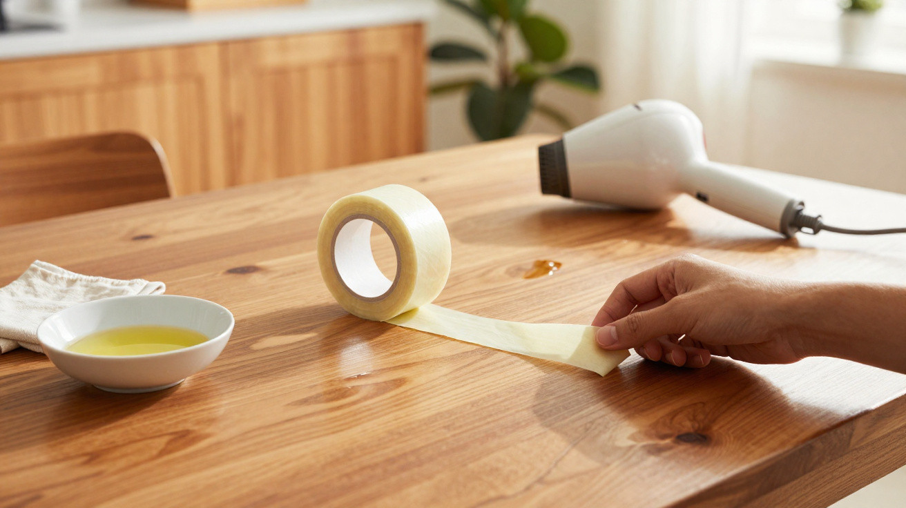 Hand using masking tape to cover a small spill on a wooden table with a hairdryer nearby.