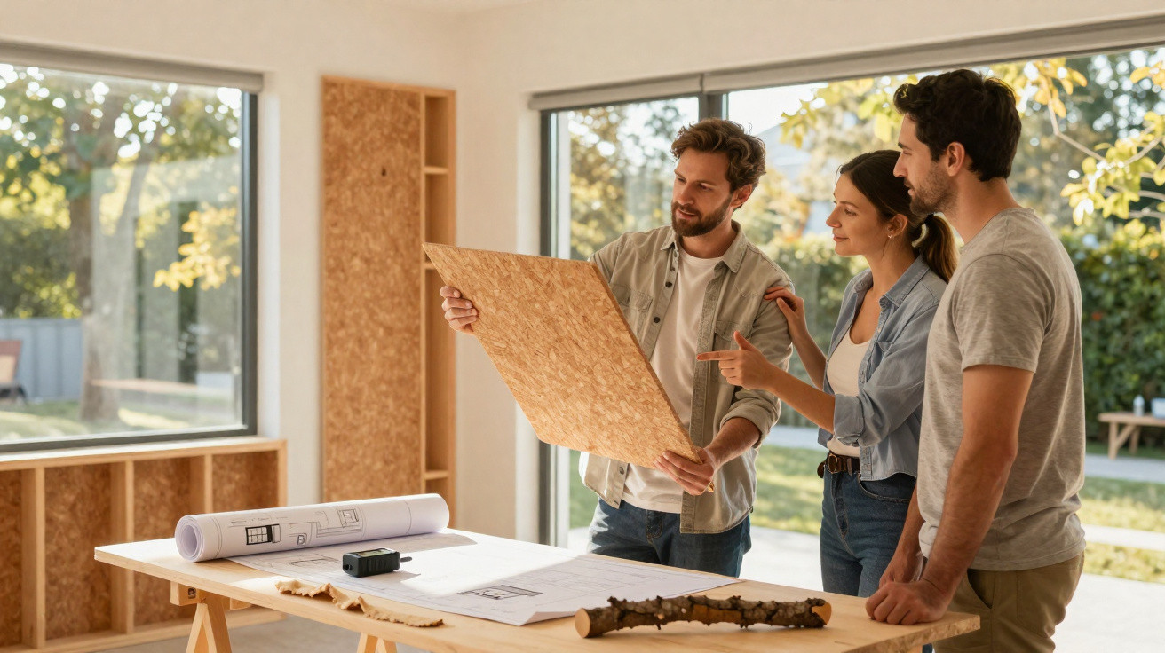 Three people reviewing wood panels and blueprints in a bright room with large windows.