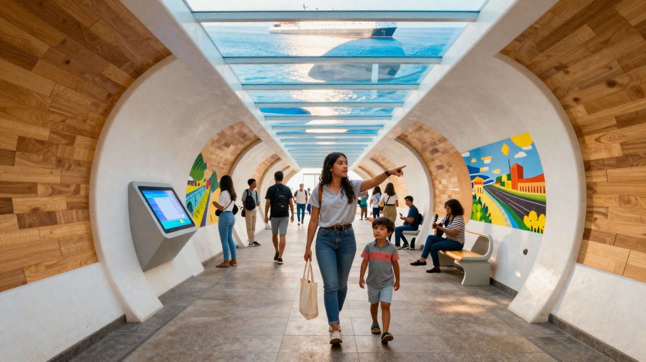 People walking inside a modern tunnel with wood panel walls, colourful murals, and a glass ceiling showing the sky above.