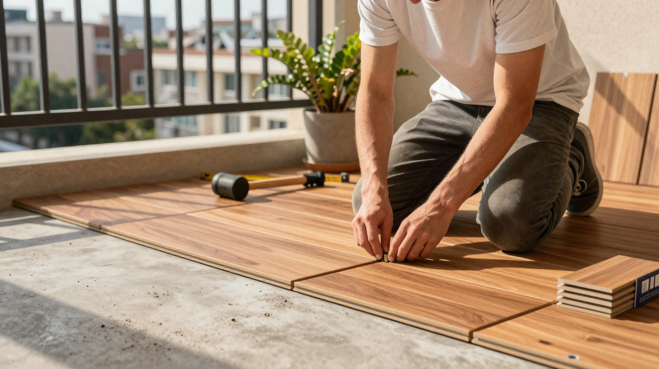 Person kneeling indoors installing wooden floor panels on concrete subfloor with rubber mallet nearby.