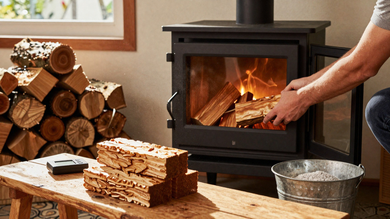 Person placing firewood inside a lit wood-burning stove next to stacked logs and a metal ash bucket.