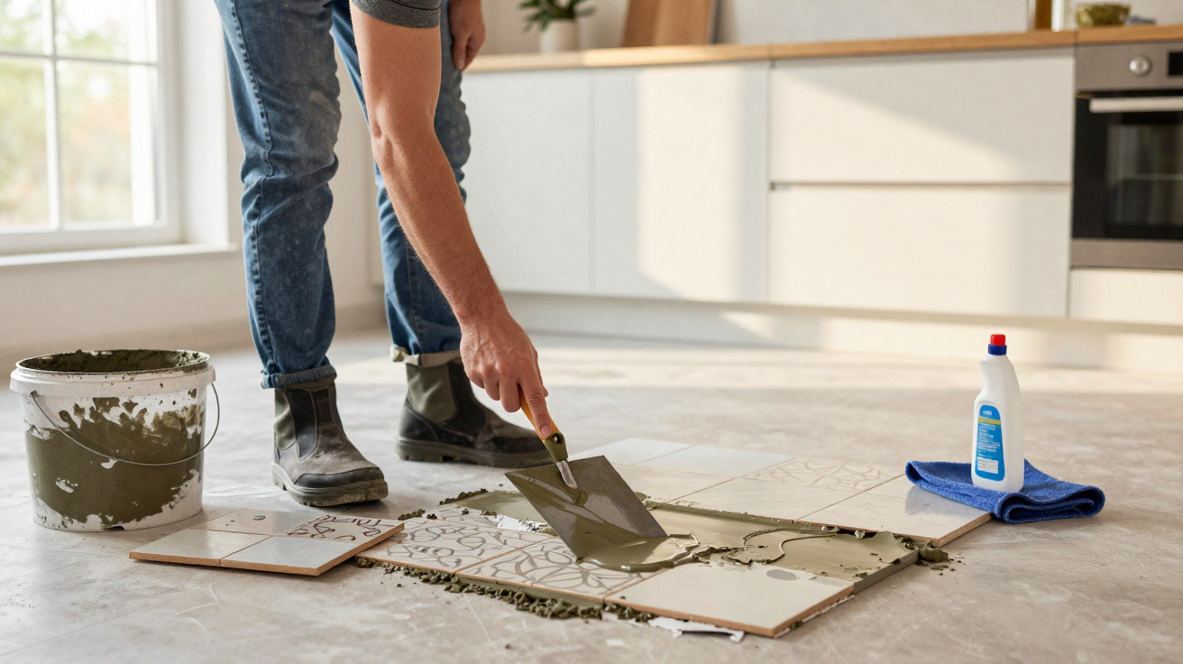 Person installing patterned floor tiles using a trowel and adhesive in a modern kitchen setting.