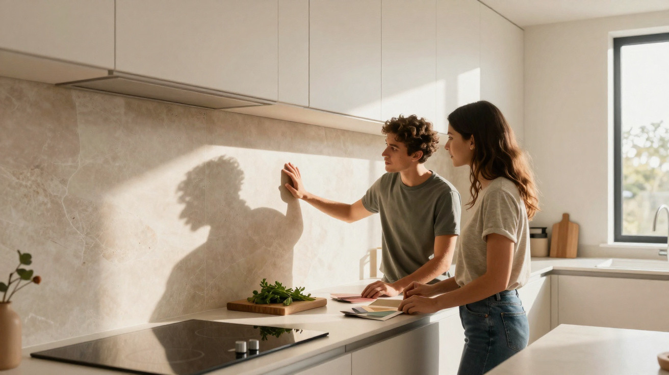 Young couple examining wall tiles in modern kitchen with natural light from window.