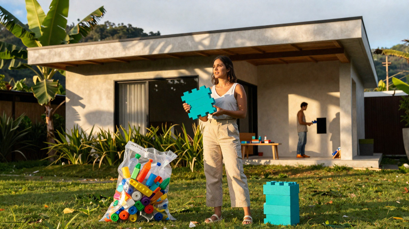 Woman holding a large blue puzzle piece in garden outside modern house with man working in background.