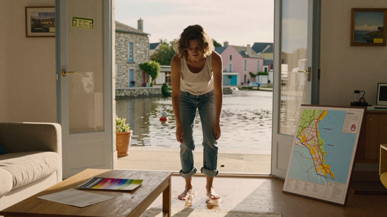 Woman standing barefoot in a sunlit room with water lapping at her feet by an open door to a canal.