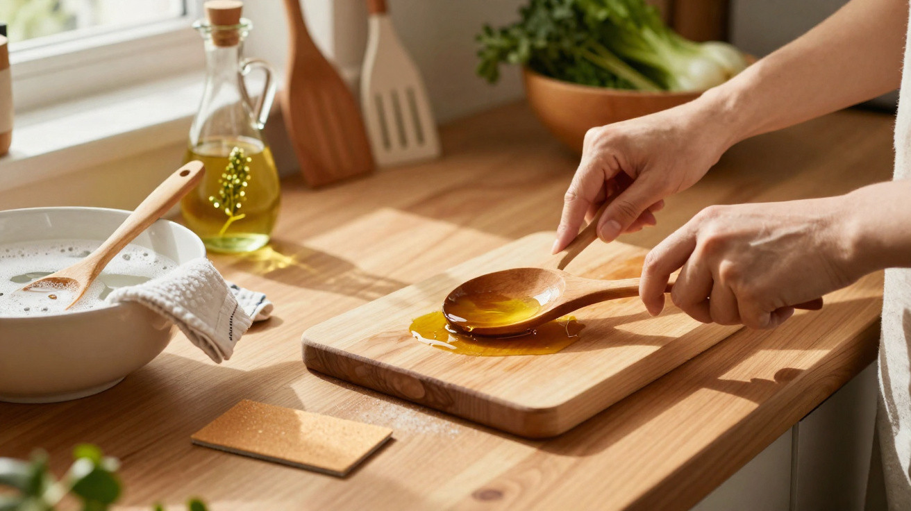 Person pouring honey from a wooden spoon onto a wooden chopping board in a bright kitchen.