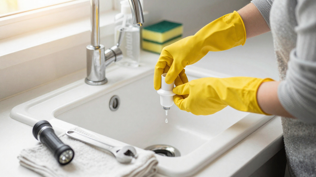 Person wearing yellow gloves applying drain cleaner into a white kitchen sink with tools nearby.