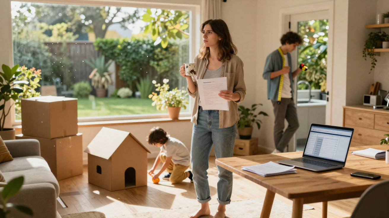 Woman holding documents and a mug in a sunlit living room with children playing and a laptop on the table.