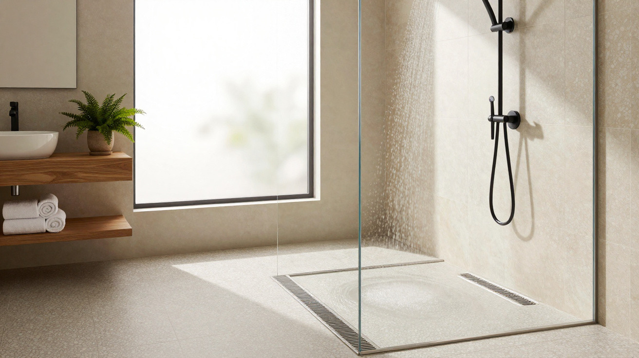 Modern minimalist bathroom with a walk-in shower, black fixtures, wooden vanity, and frosted window.
