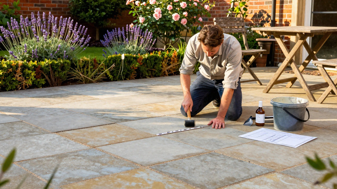 Man kneeling on a garden patio, using a mallet and ruler to lay paving stones with tools and plans nearby.