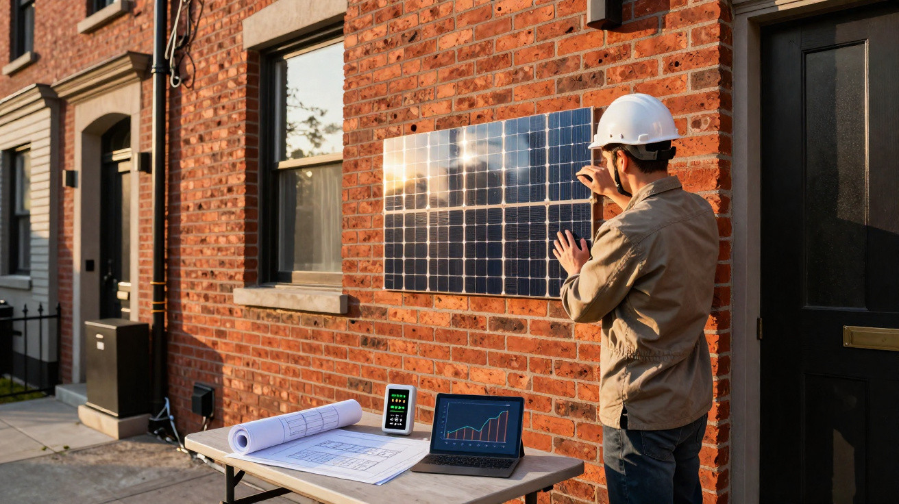 Engineer installing solar panel on brick wall outside a residential building with technical plans on a table nearby