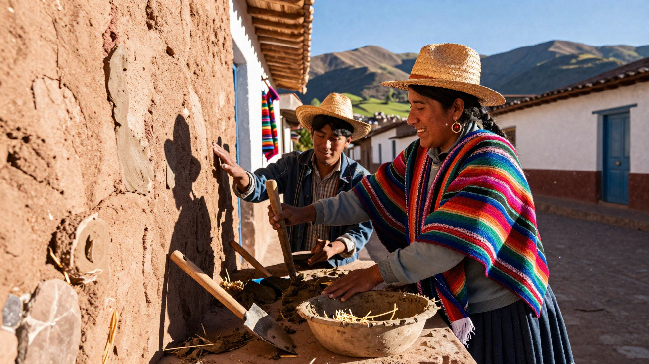Two people in traditional clothing and straw hats applying mud plaster to a wall outdoors in a mountain village.