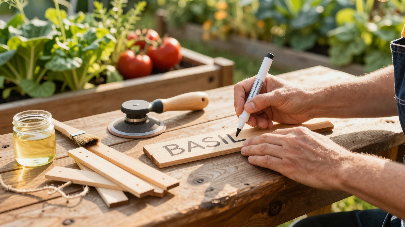 Hands writing "BASIL" on a wooden plant label on a gardening bench with tools and vegetables nearby.