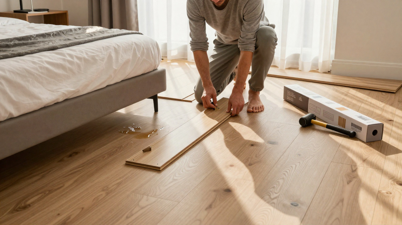 Person kneeling on wooden floor installing laminate flooring planks in a sunlit bedroom.