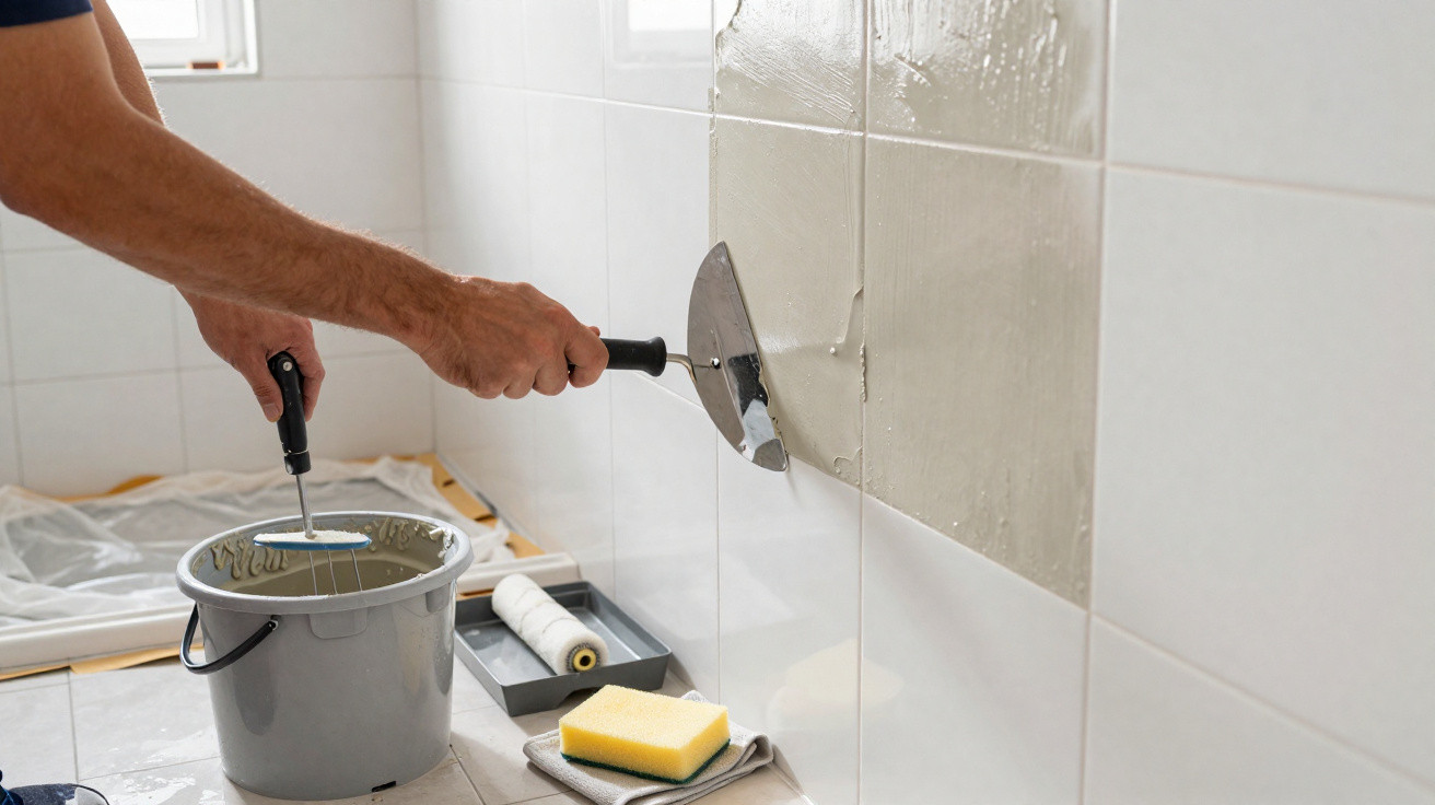 Person applying adhesive to white wall tiles with a trowel during a tiling project in a bathroom.