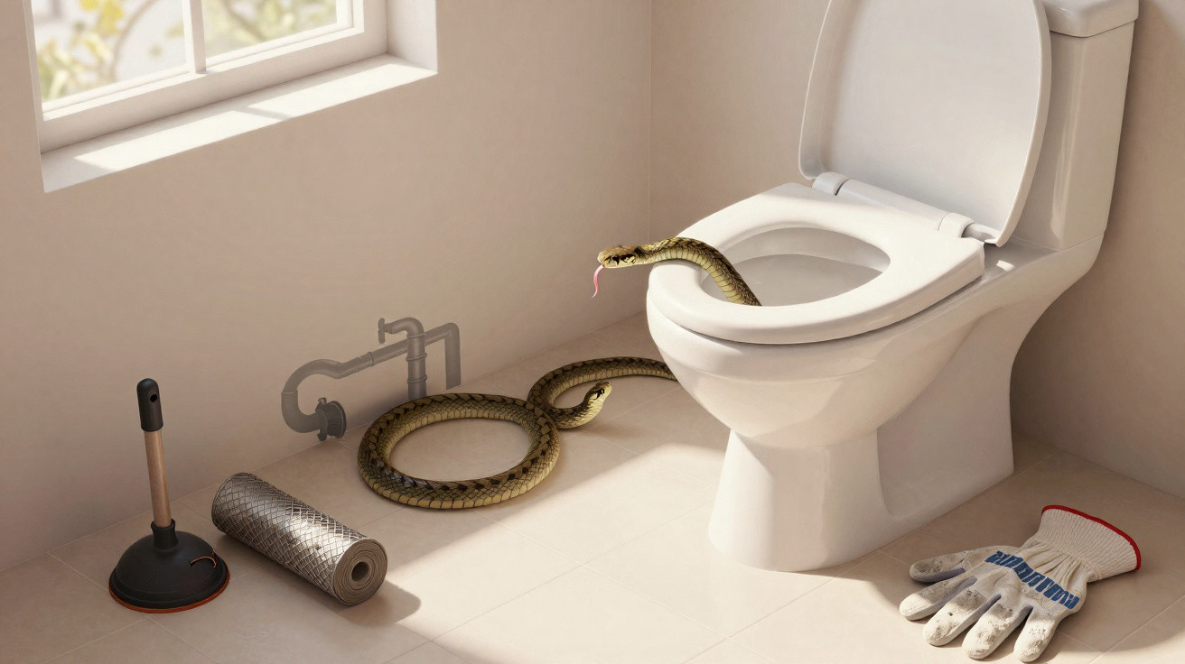 Snake emerging from a toilet bowl in a bathroom with a plunger, gloves, and a plumbing pipe exposed on the floor.