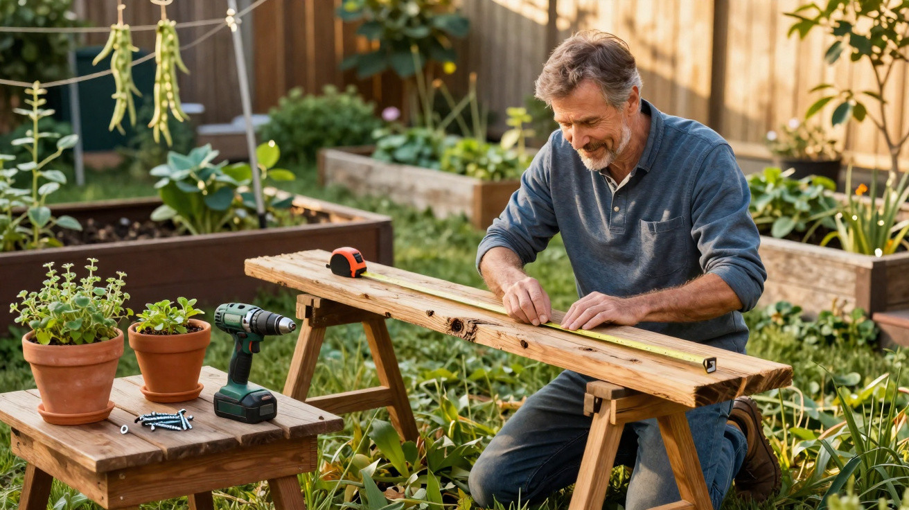 Man kneeling in garden, measuring wooden plank with tape measure on sawhorses surrounded by plants.