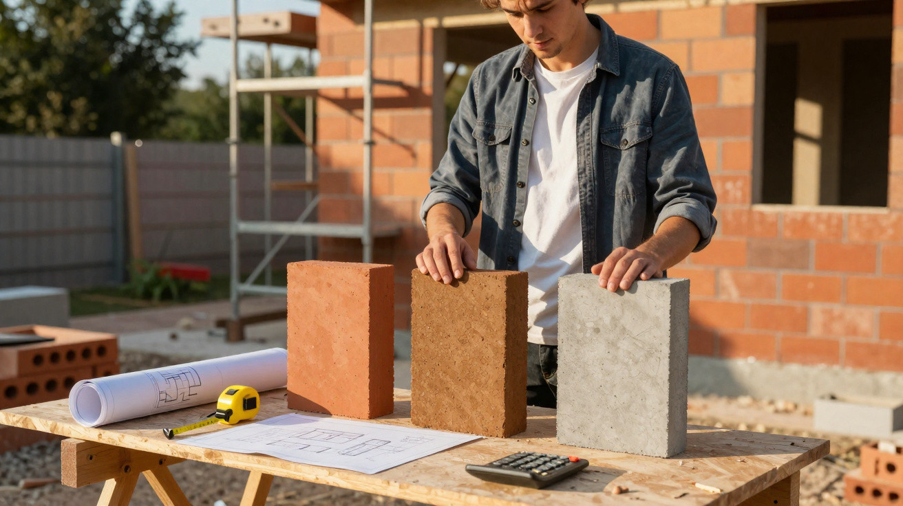Man comparing three different bricks on a table with building plans and tools at a construction site.