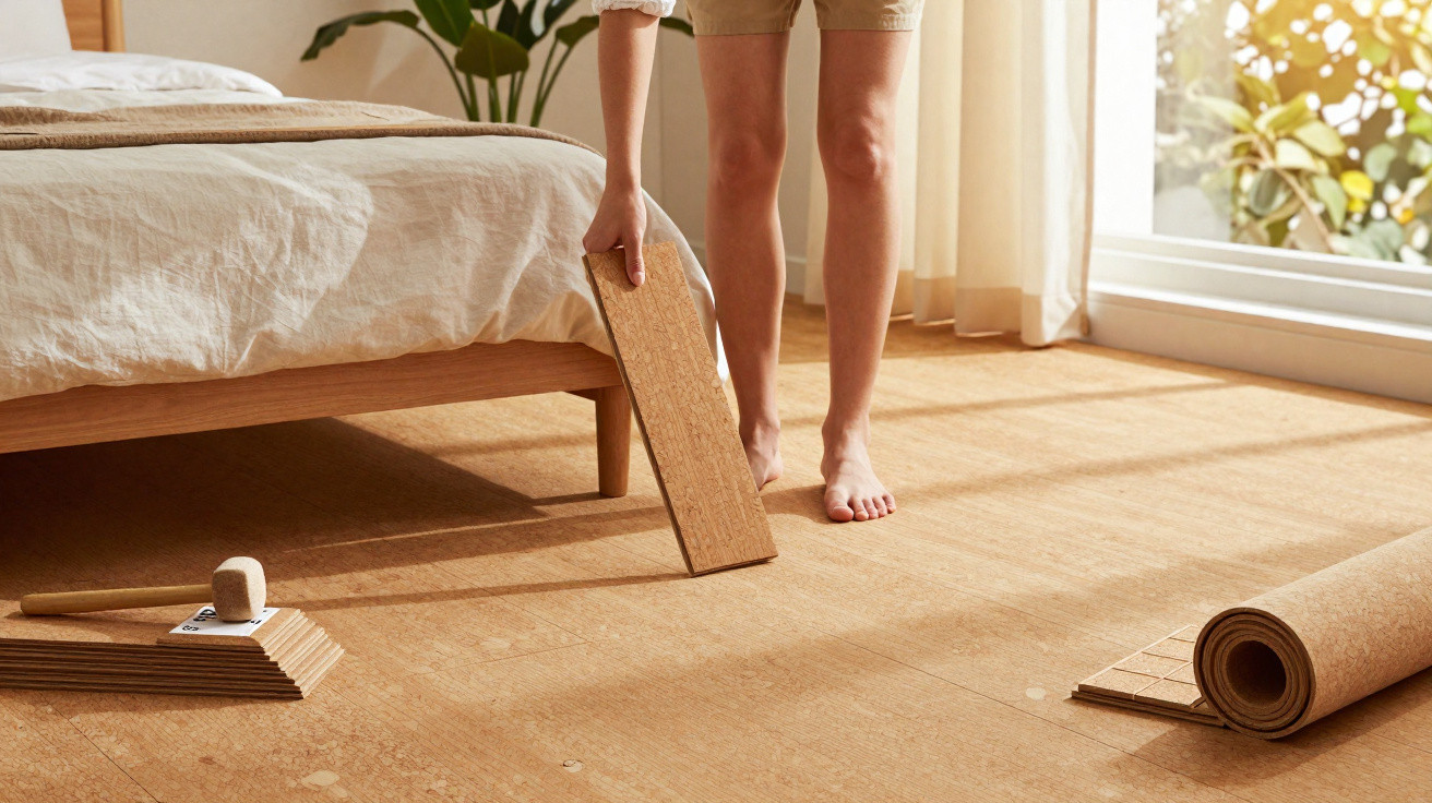Person installing cork flooring panels in a bright bedroom with natural light and plants.