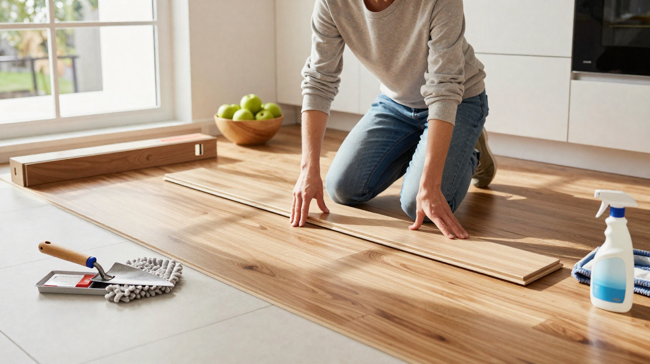 Person installing wooden laminate flooring in a bright kitchen with tools and cleaning supplies nearby.