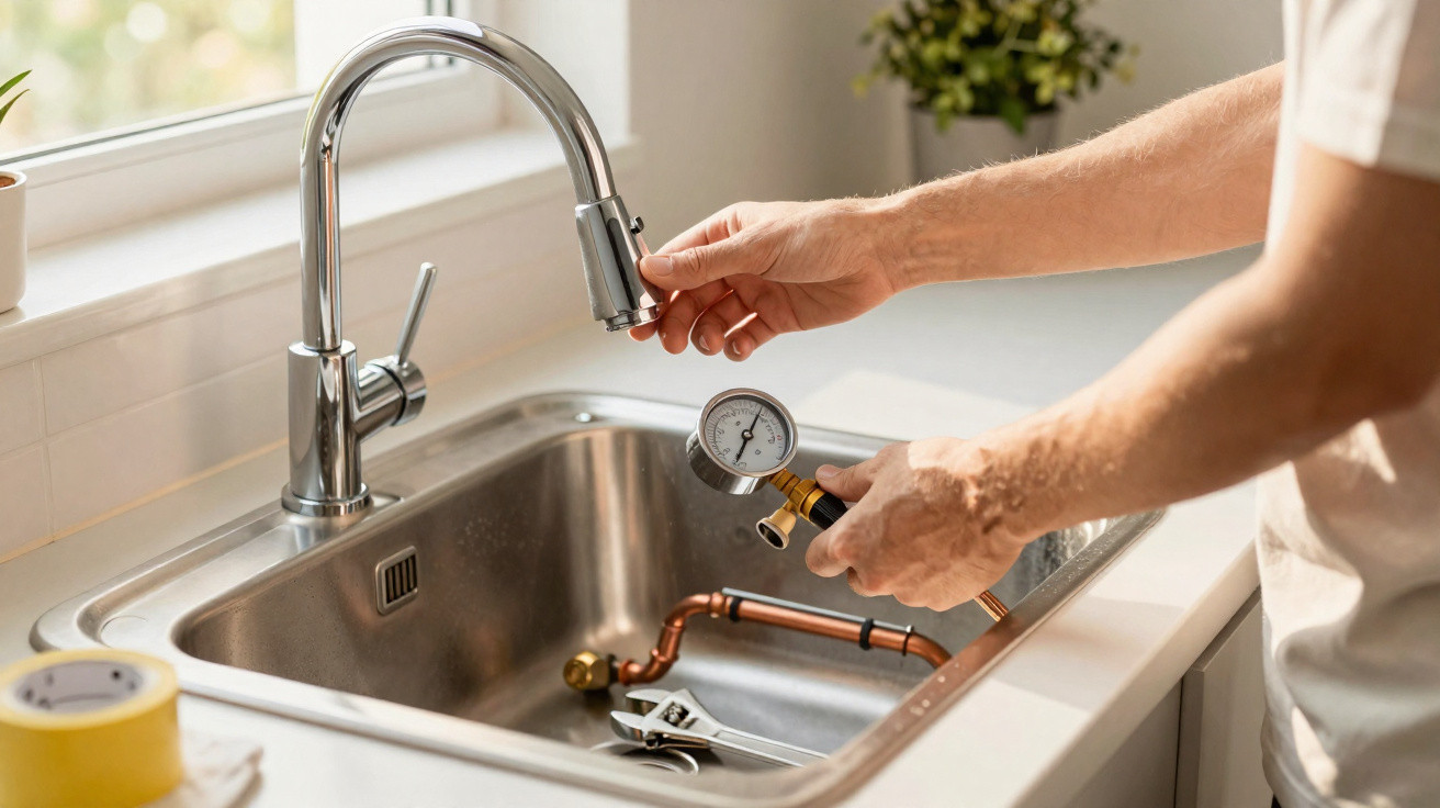 Person adjusting a pressure gauge near a modern kitchen sink with plumbing tools inside the basin.