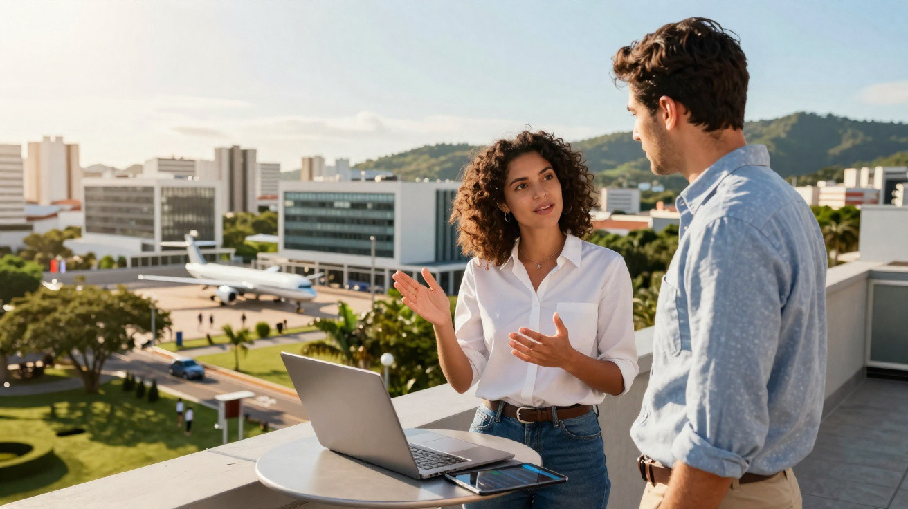 Two colleagues discuss work by a laptop on a rooftop with airport and buildings in the background.