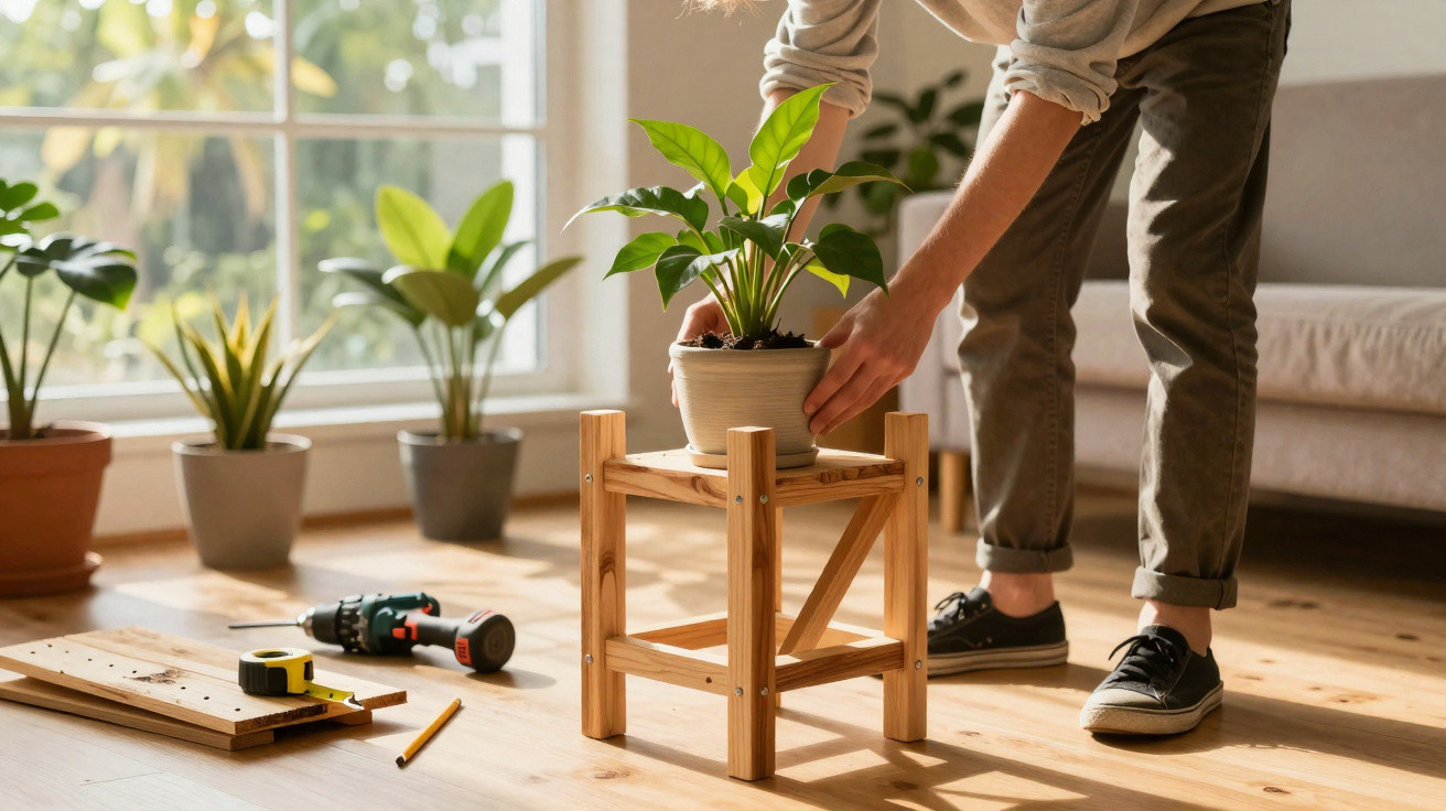 Person placing a potted plant on a wooden stand in a sunlit room with tools and plants nearby.