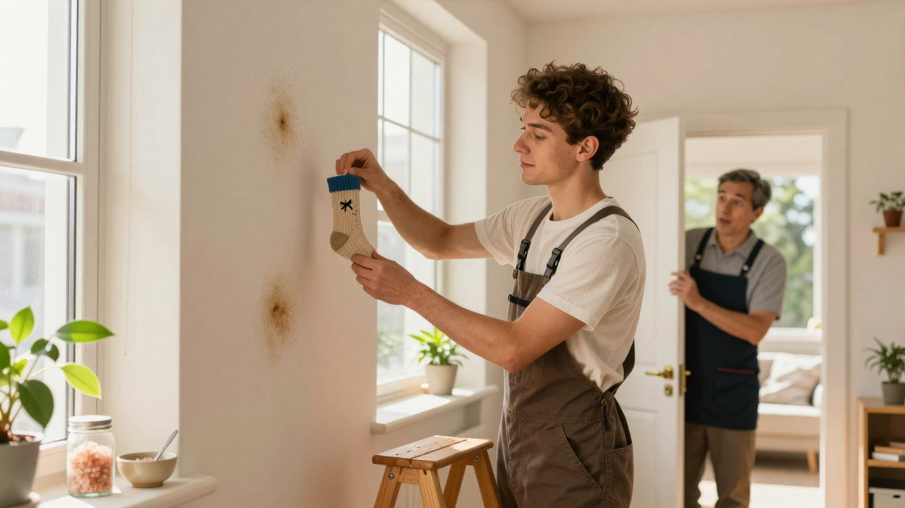 Young man in overalls holding a sock near wall stains while an older man watches from the doorway in a bright room.
