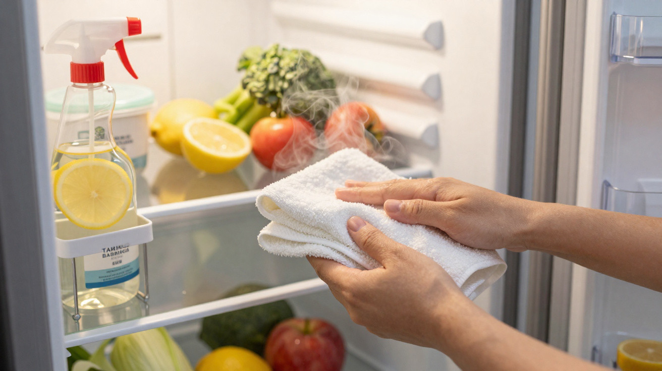 Hands holding a steaming cloth wiping the inside of a fridge with fresh fruits and vegetables inside.