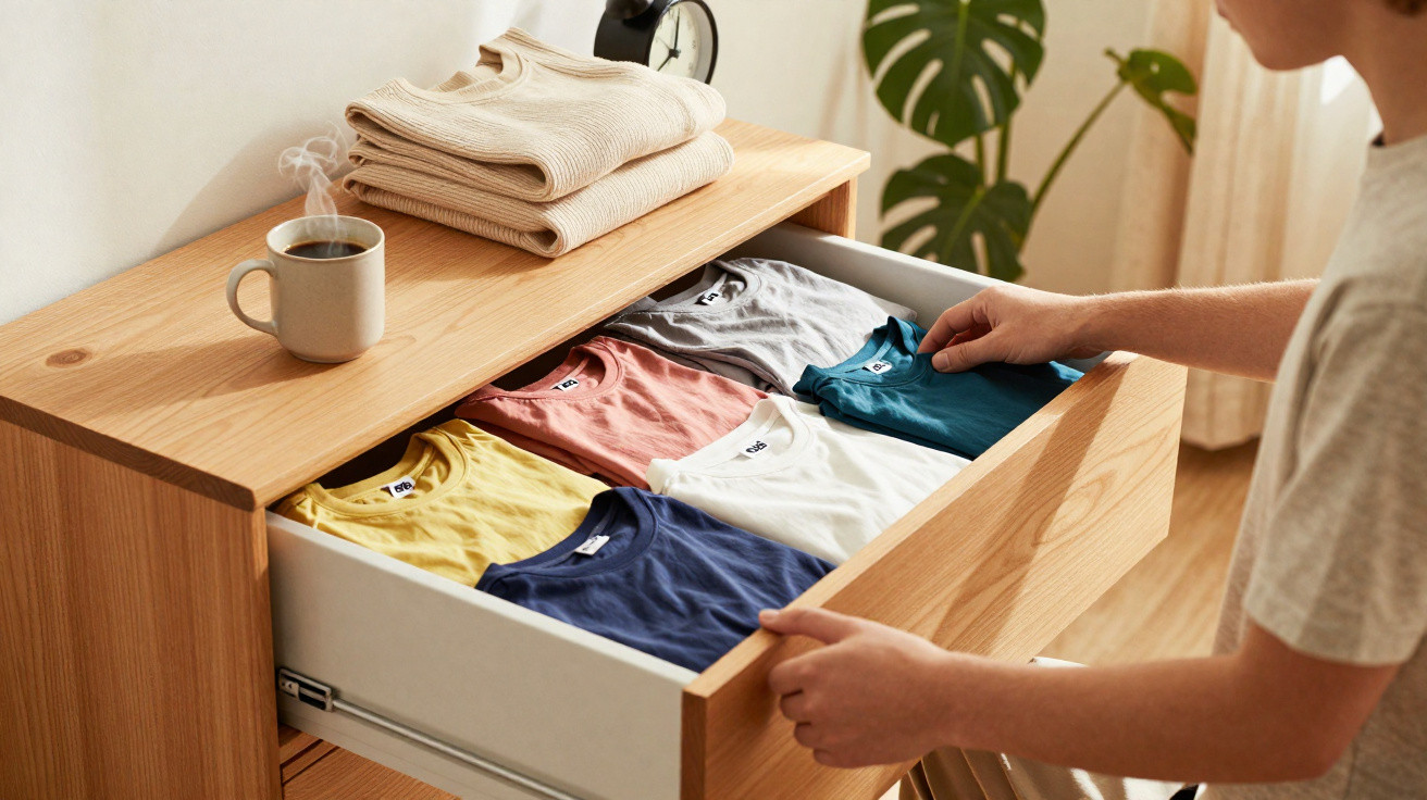Person organizing colourful folded t-shirts in a wooden drawer beside steaming cup and folded clothes on top.