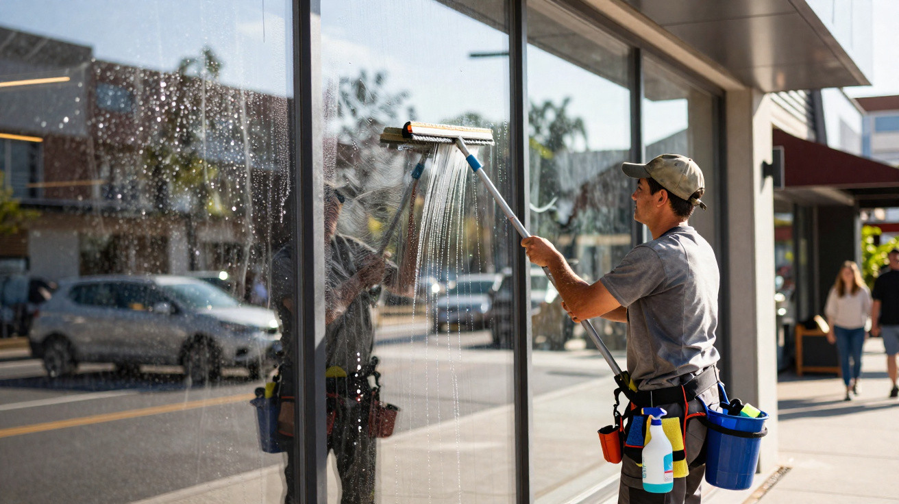 Man wearing cap cleaning a large storefront window with a squeegee on a sunny day.
