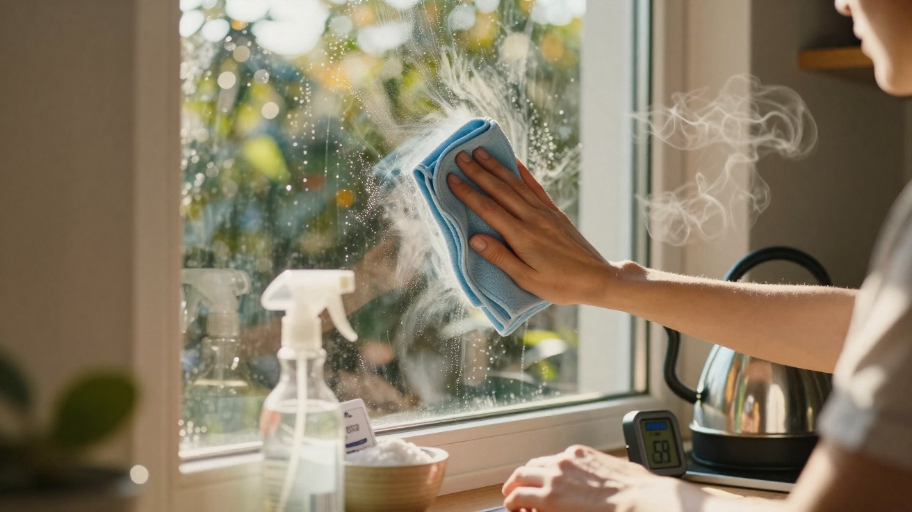 Person cleaning a steamy window with a blue cloth in a bright kitchen setting.