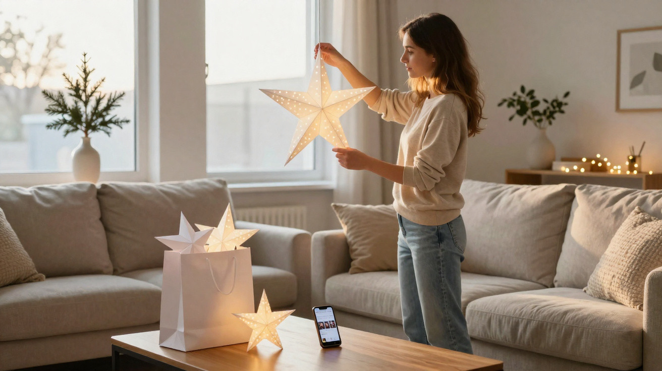 Woman decorating living room with glowing paper star lights during daytime.
