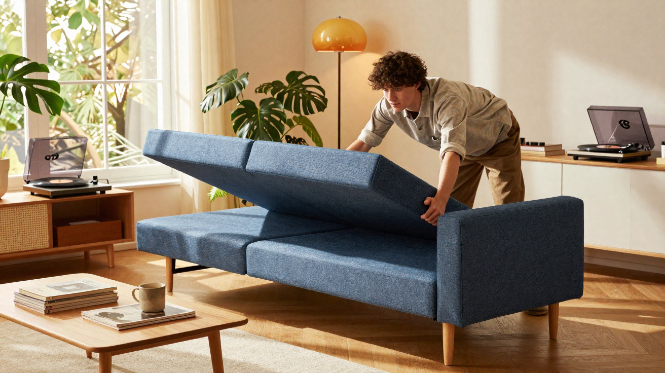 Person lifting the seat of a blue sofa revealing storage space in a sunlit living room.