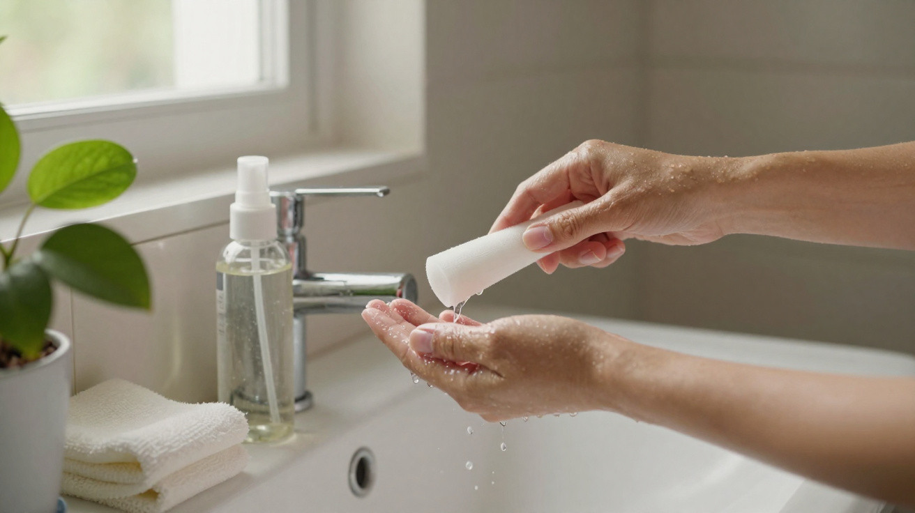 Person pouring liquid soap onto their wet hands over a bathroom sink with a plant and towel nearby.