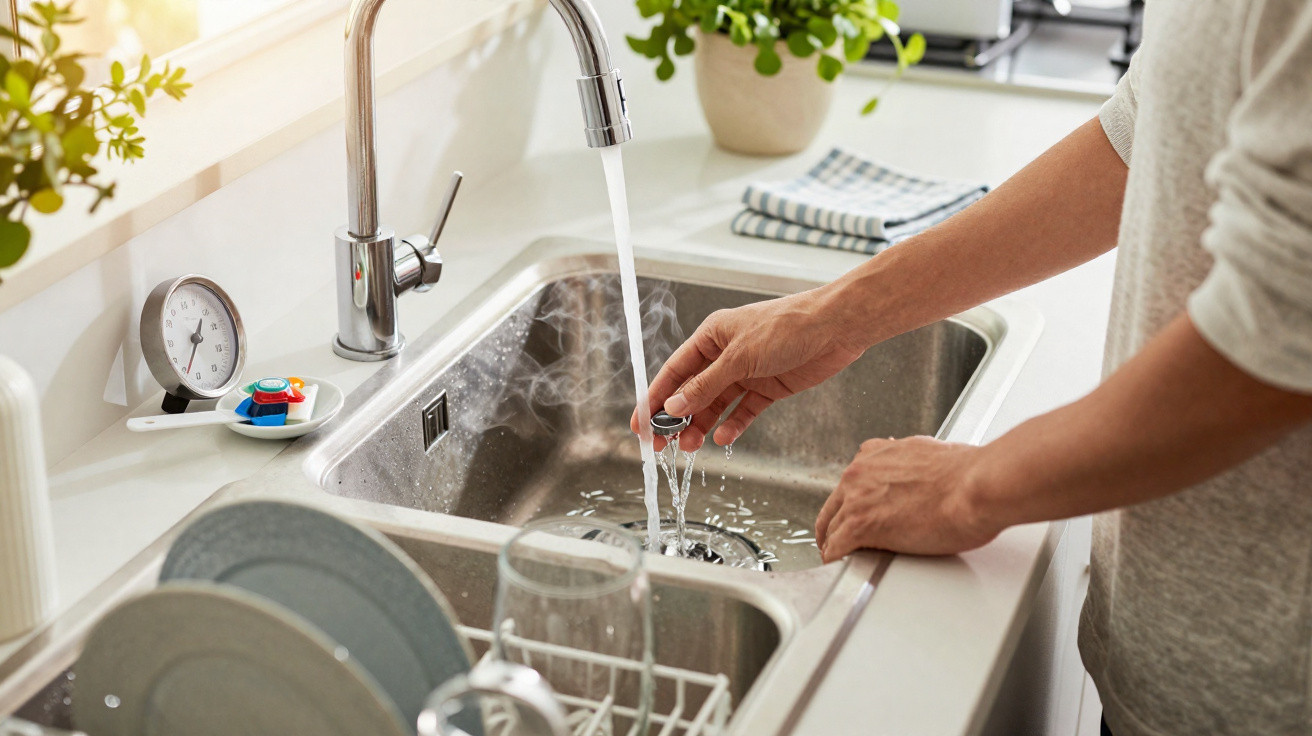 Person testing hot water from kitchen tap with a thermometer on the counter beside the sink.