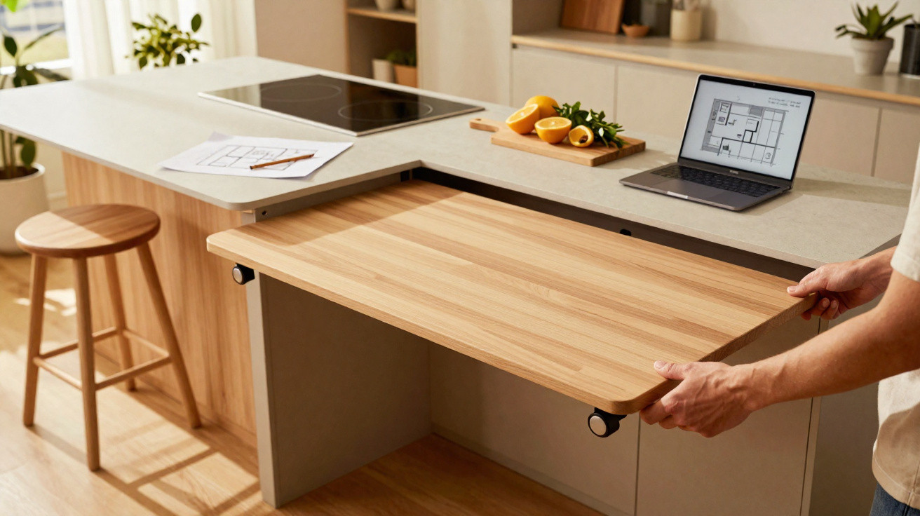 Person pulling out a wooden sliding kitchen table from a modern kitchen island with a laptop and cutting board.