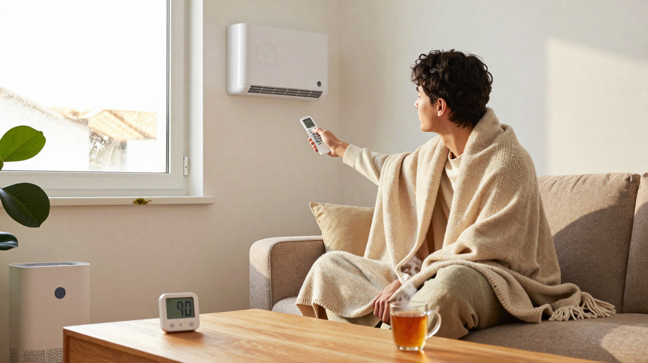 Person wrapped in a beige blanket sitting on a sofa using a remote to control a wall-mounted air conditioner.
