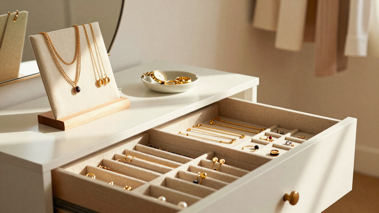 Open jewellery drawer in white dresser displaying organised gold earrings, rings, and bracelets in fabric-lined compartments.