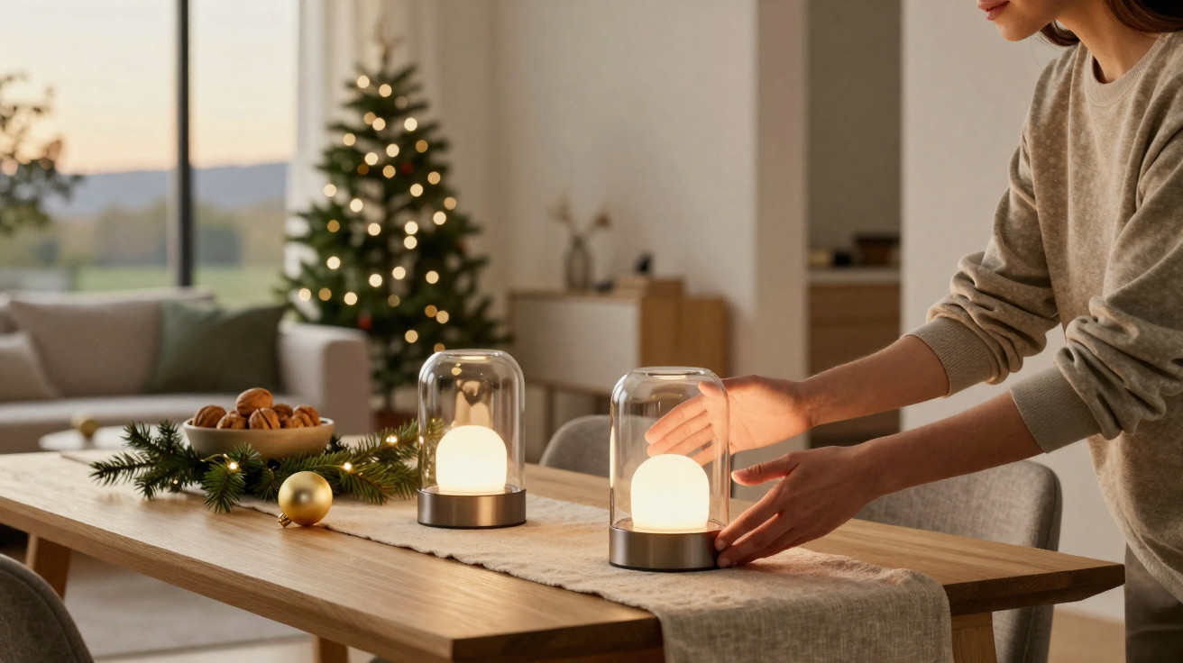 Person adjusting modern glass-encased lamps on wooden table with Christmas tree and festive decorations in background
