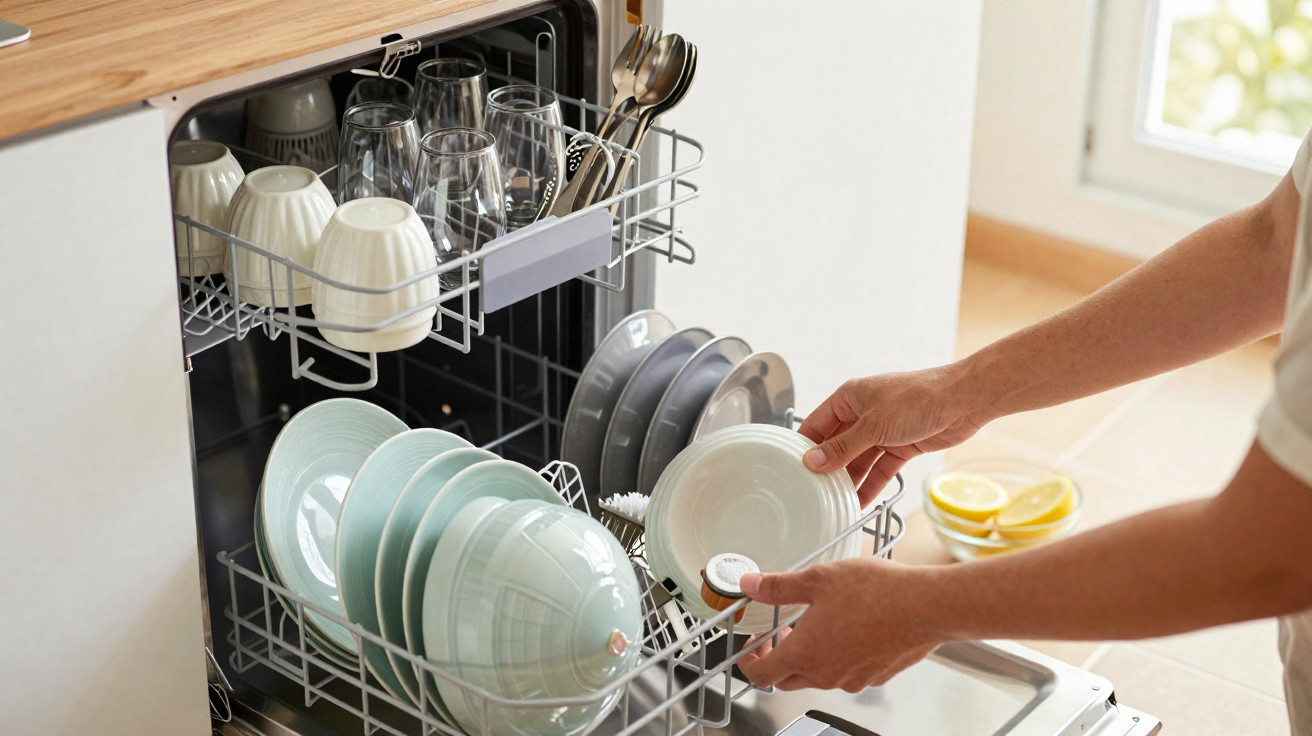 Hands loading clean plates and glasses into a stainless steel dishwasher in a bright kitchen.