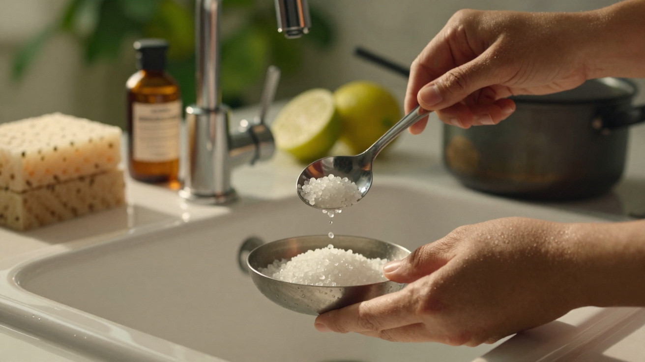 Hands holding a spoon and bowl with bath salts over a white sink, with lime halves and toiletries nearby.