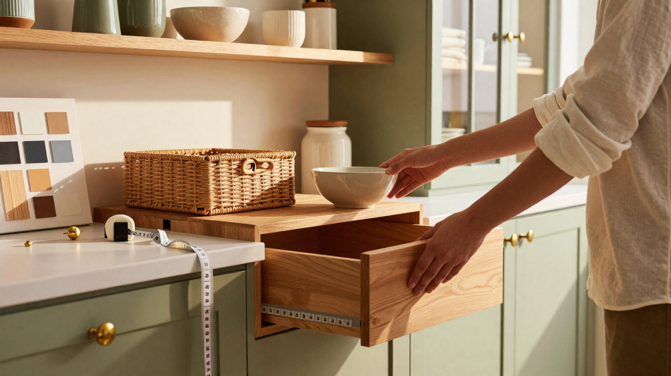 Person placing a bowl into an open wooden kitchen drawer with green cabinets and measuring tape nearby.