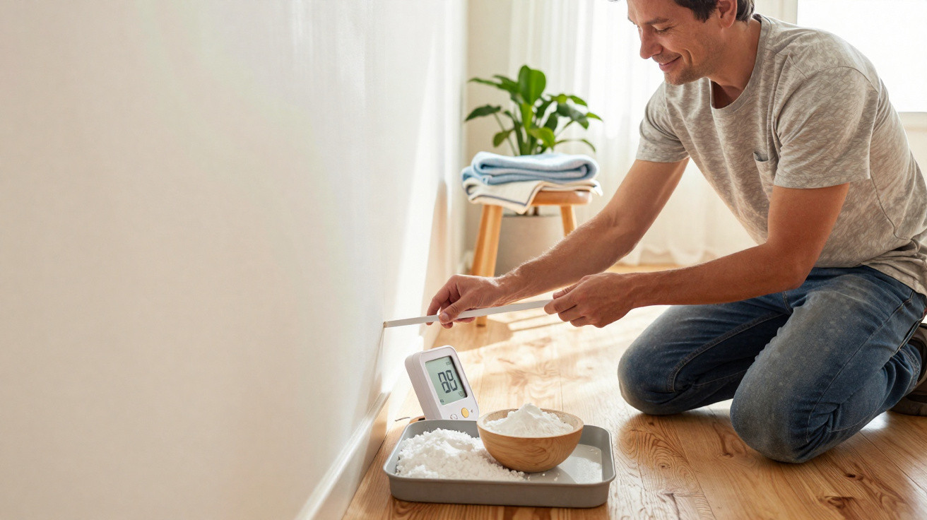 Man testing air quality indoors using a device and powder on a wooden floor by a white wall.