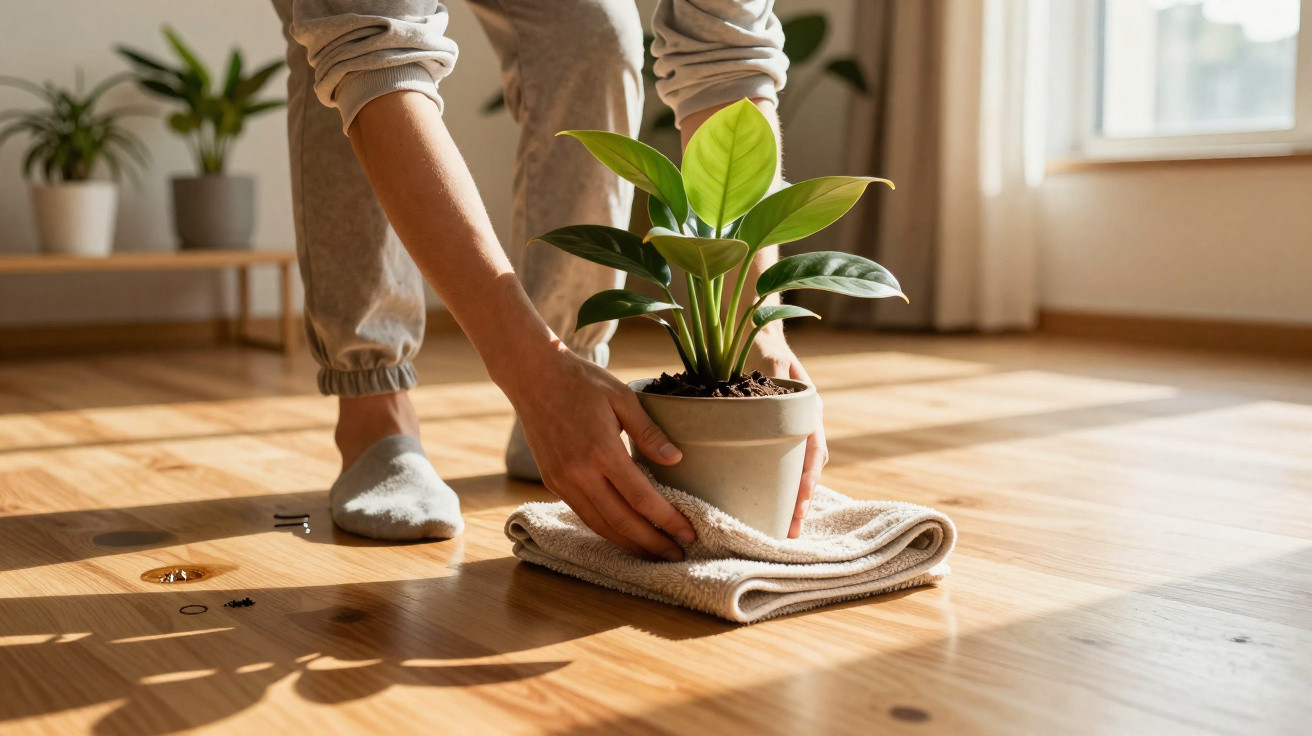 Person cleaning wooden floor under a potted green plant using a cloth in a sunlit room.
