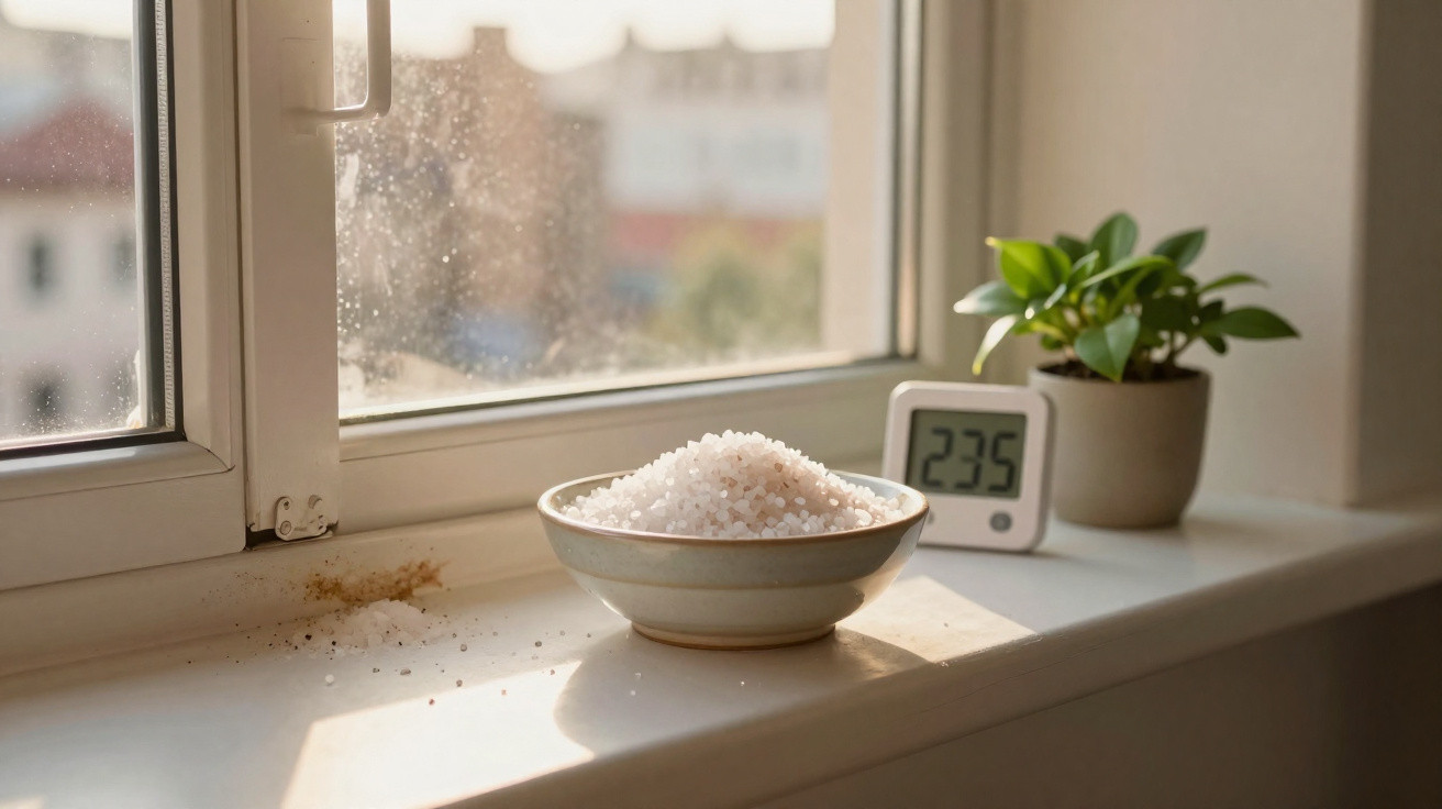 Bowl of salt crystals on a sunny windowsill with a digital hygrometer and small green plant nearby.